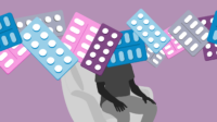 A light purple background with a person in black and white on a chair, covering their head and neck and across the image, purple pink, blue and grey pill packets
