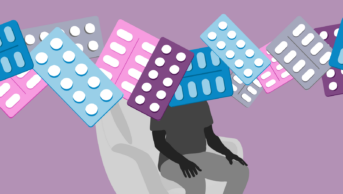 A light purple background with a person in black and white on a chair, covering their head and neck and across the image, purple pink, blue and grey pill packets