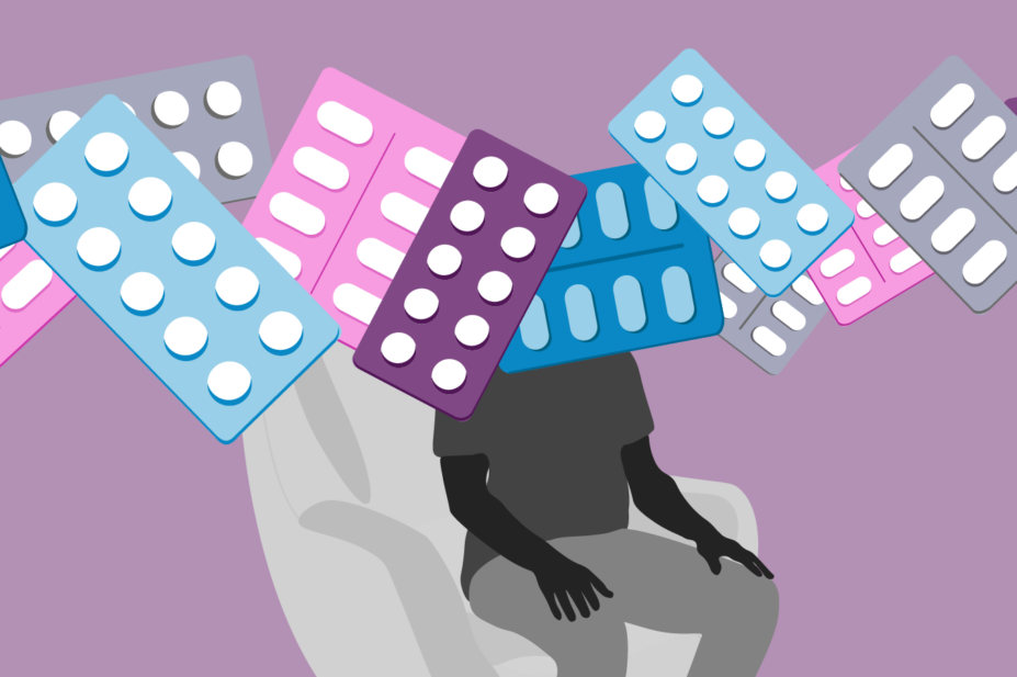 A light purple background with a person in black and white on a chair, covering their head and neck and across the image, purple pink, blue and grey pill packets
