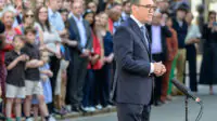 Newly appointed prime minister Andy Burnham makes a speech outside of 10 Downing Street