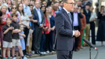 Newly appointed prime minister Andy Burnham makes a speech outside of 10 Downing Street