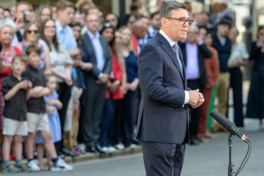 Newly appointed prime minister Andy Burnham makes a speech outside of 10 Downing Street