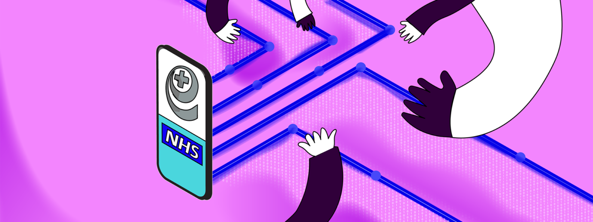 Pink background with phone showing EPS icon and NHS logo, cobalt blue data lines come from the back and nodes and binary numbers in white. Stylised arms reach down to the data lines