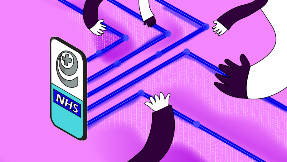 Pink background with phone showing EPS icon and NHS logo, cobalt blue data lines come from the back and nodes and binary numbers in white. Stylised arms reach down to the data lines
