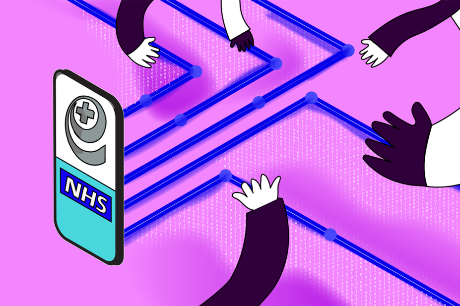 Pink background with phone showing EPS icon and NHS logo, cobalt blue data lines come from the back and nodes and binary numbers in white. Stylised arms reach down to the data lines