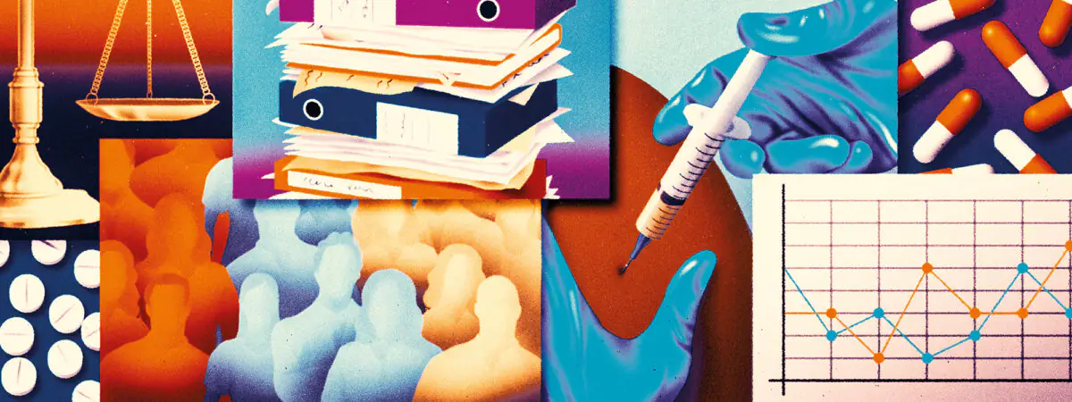 Lots of panels, one showing scales on orange background, another white pills on navy background, files piled on top of each other, different groups of people representing control groups, injection happening with blue gloves, pills in orange and white on a dark purple background, orange and blue lines on a graph