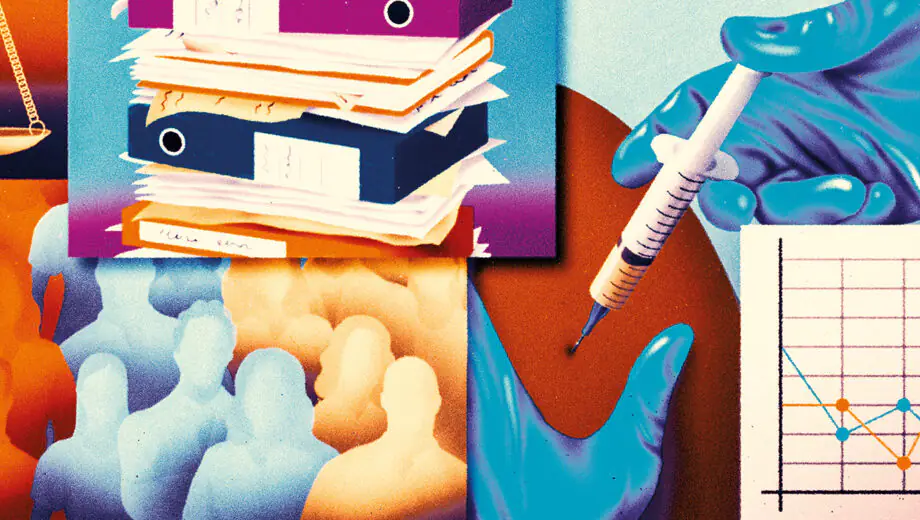 Lots of panels, one showing scales on orange background, another white pills on navy background, files piled on top of each other, different groups of people representing control groups, injection happening with blue gloves, pills in orange and white on a dark purple background, orange and blue lines on a graph