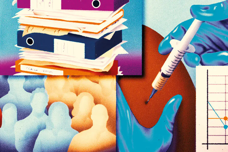 Lots of panels, one showing scales on orange background, another white pills on navy background, files piled on top of each other, different groups of people representing control groups, injection happening with blue gloves, pills in orange and white on a dark purple background, orange and blue lines on a graph