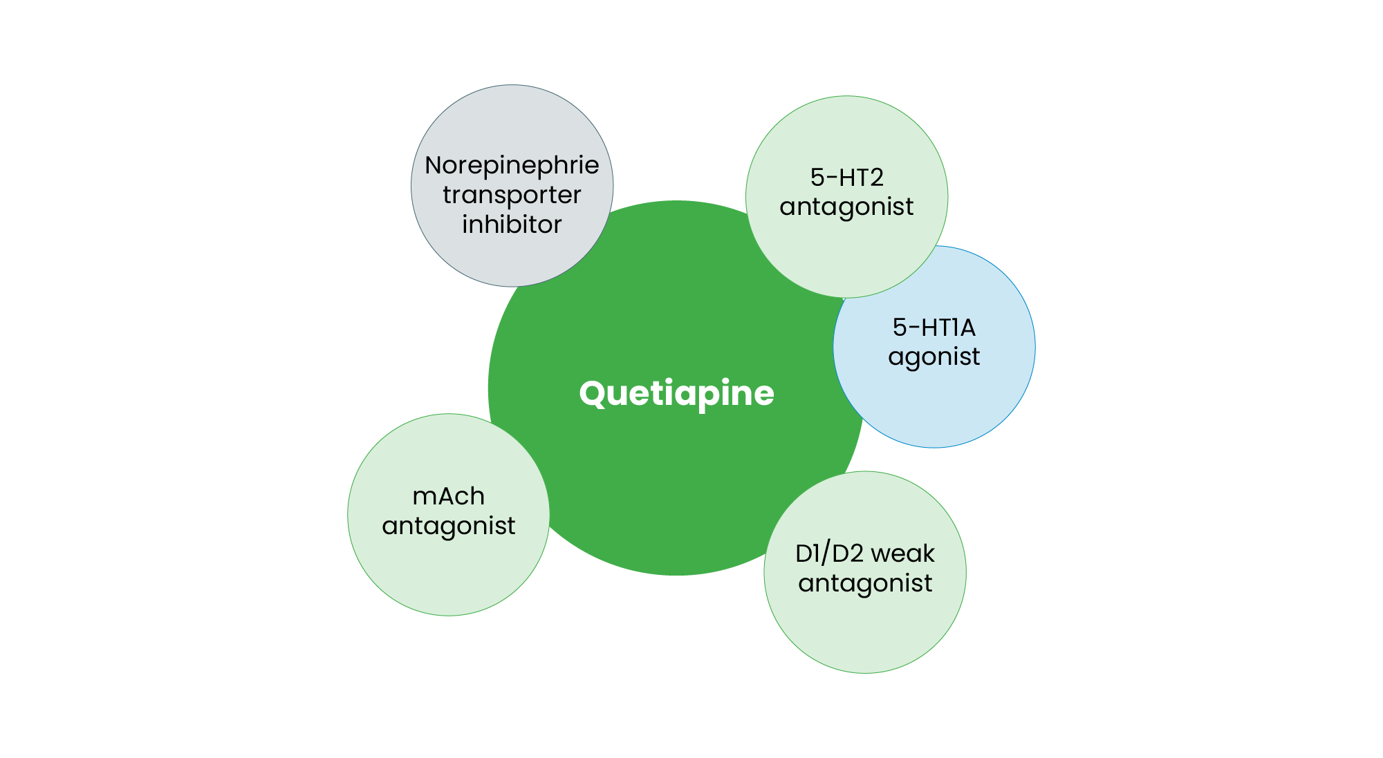 Quetiapine’s pharmacological profile shown as a green bubble with the surround smaller bubbles: Norepinephrie
transporterinhibitor, mAch antagonist, D1/D2 weak
antagonist, 5-HT1Aagonist, 5-HT2
antagonist