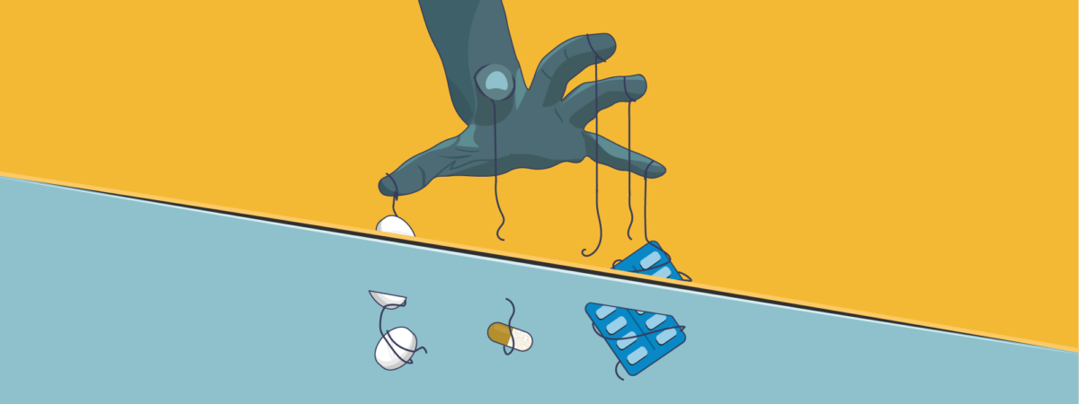 Yellow and blue background with a slash across the artwork showing strings with pills and pill packets being cut