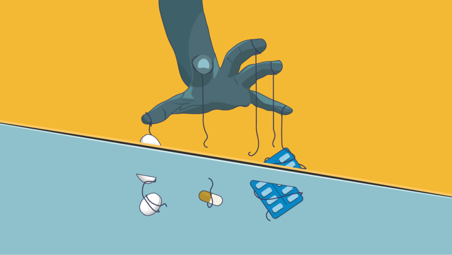Yellow and blue background with a slash across the artwork showing strings with pills and pill packets being cut