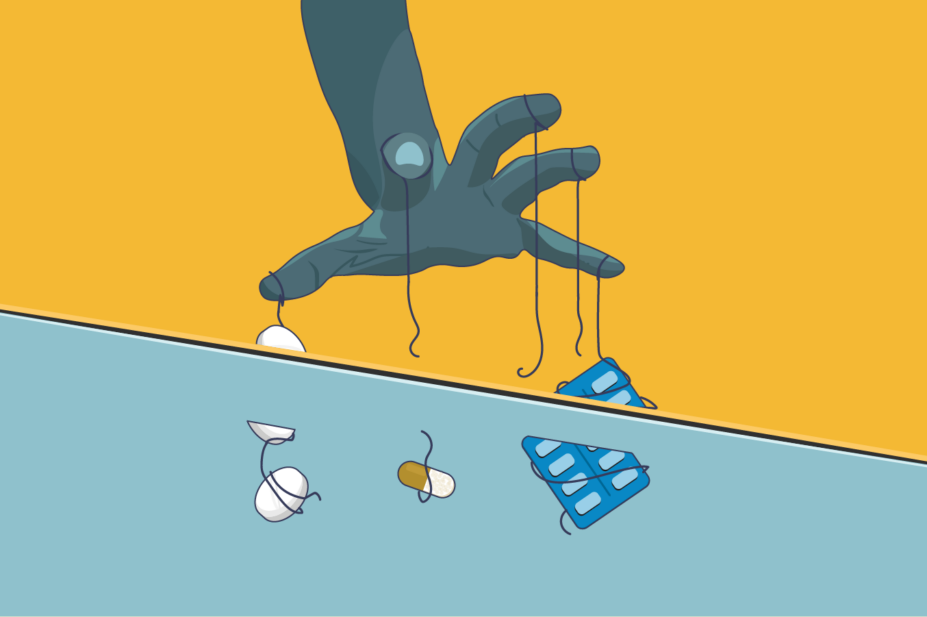 Yellow and blue background with a slash across the artwork showing strings with pills and pill packets being cut