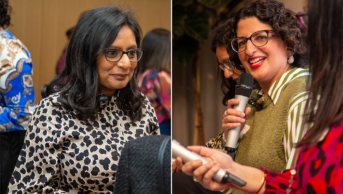 Two images, left shows Komal in conversation with someone, right shows Reena talking at a panel event