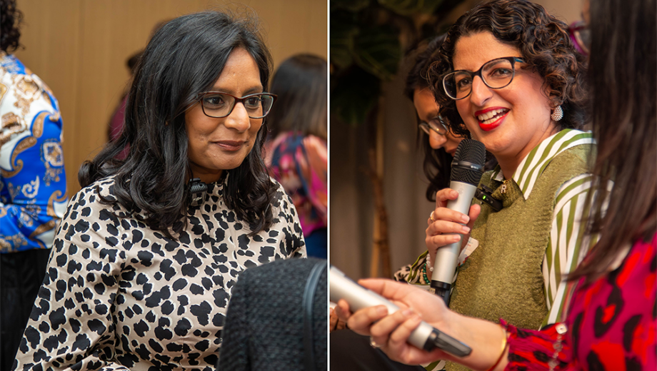 Two images, left shows Komal in conversation with someone, right shows Reena talking at a panel event