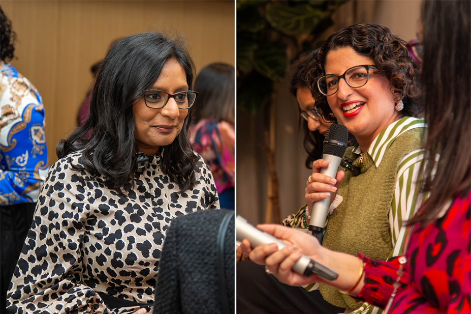 Two images, left shows Komal in conversation with someone, right shows Reena talking at a panel event