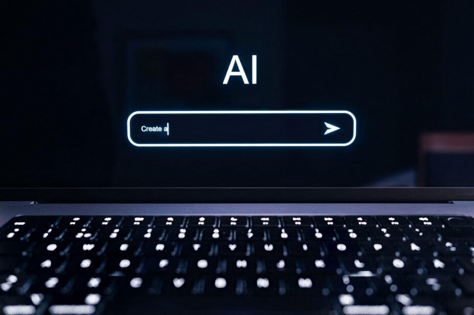 AI prompt in chat screen on a laptop, keyboard visible below.