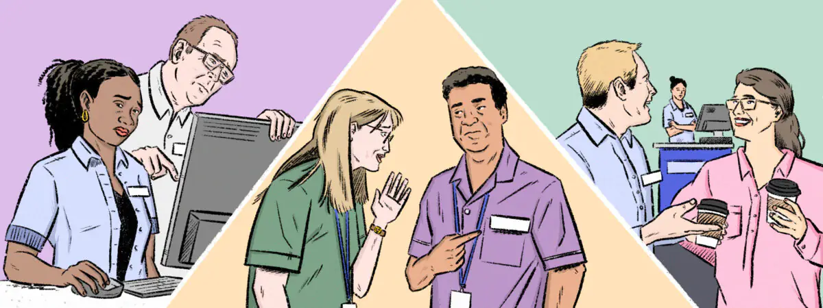 A triptych showing different scenes, the first shows a white man standing over a black woman who looks uncomfortable, middle shows a white woman whispering something offensive to a brown man, the right shows two colleagues talking about someone who is excluded in the distance