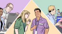 A triptych showing different scenes, the first shows a white man standing over a black woman who looks uncomfortable, middle shows a white woman whispering something offensive to a brown man, the right shows two colleagues talking about someone who is excluded in the distance