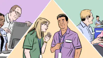 A triptych showing different scenes, the first shows a white man standing over a black woman who looks uncomfortable, middle shows a white woman whispering something offensive to a brown man, the right shows two colleagues talking about someone who is excluded in the distance