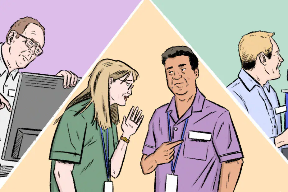 A triptych showing different scenes, the first shows a white man standing over a black woman who looks uncomfortable, middle shows a white woman whispering something offensive to a brown man, the right shows two colleagues talking about someone who is excluded in the distance