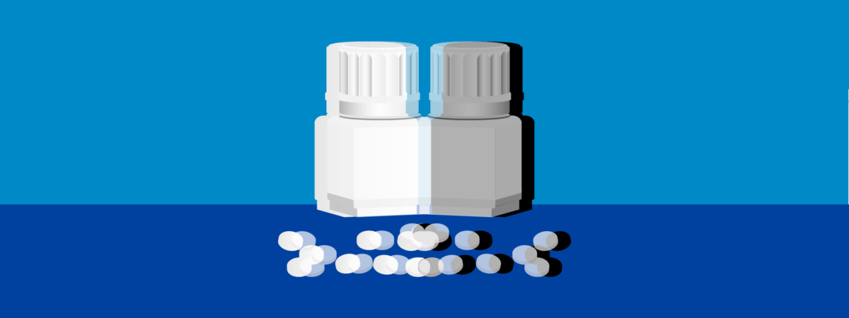 Blue background with pill packet and small round white pills image reflected image with black and white shadow