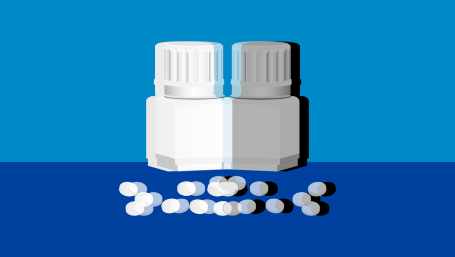 Blue background with pill packet and small round white pills image reflected image with black and white shadow