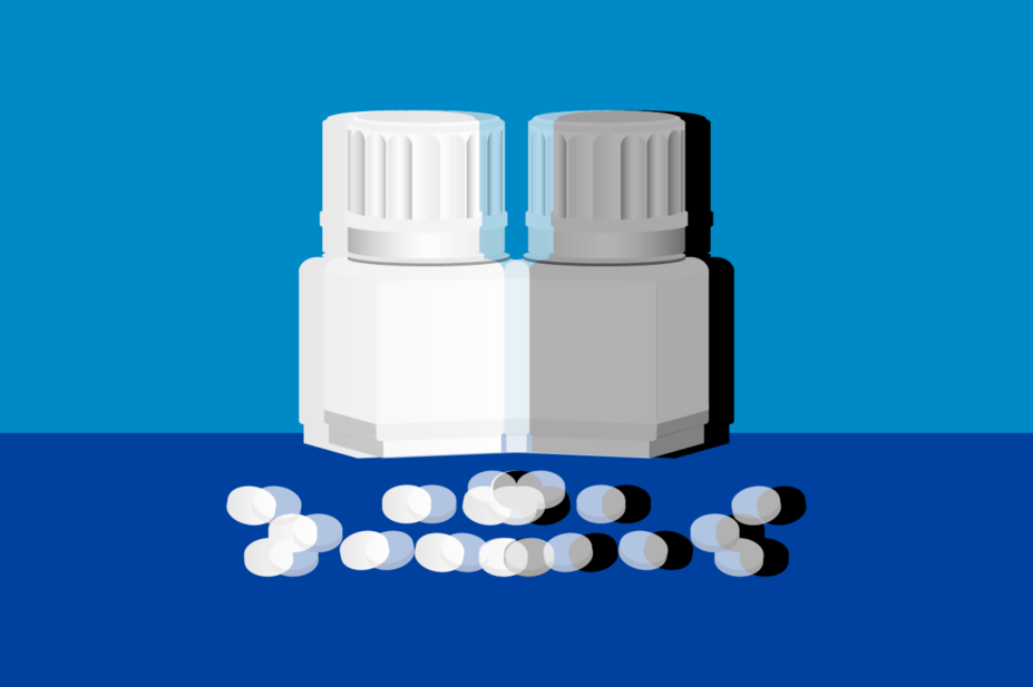 Blue background with pill packet and small round white pills image reflected image with black and white shadow