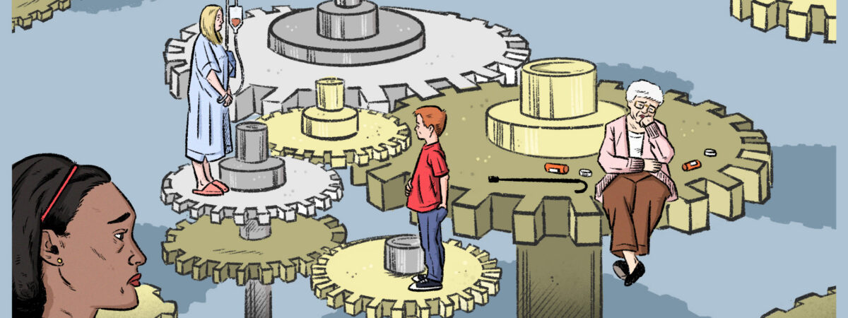 A grey background with cogs and wheel platforms in grey and yellow. A woman looks on to the scene, and older woman sits on a wheel, a young boy stands on a wheel and a young woman with an IV drips stands on one