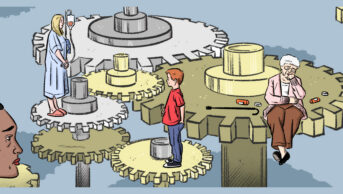 A grey background with cogs and wheel platforms in grey and yellow. A woman looks on to the scene, and older woman sits on a wheel, a young boy stands on a wheel and a young woman with an IV drips stands on one
