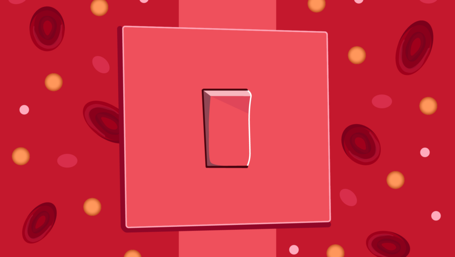 Switch shown in light red surrounded by blood with red blood cells and glucose