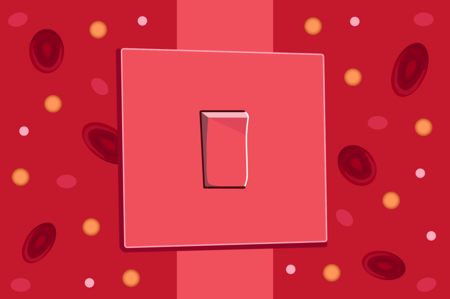 Switch shown in light red surrounded by blood with red blood cells and glucose