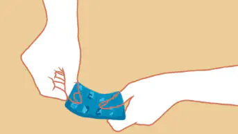 Light orange background with transparent hands trying to open a blue pill packet