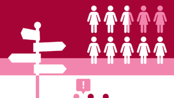 A red pink and white image showing a signpost, silhouettes of woman in white and pink and pink vs red people having a discussion