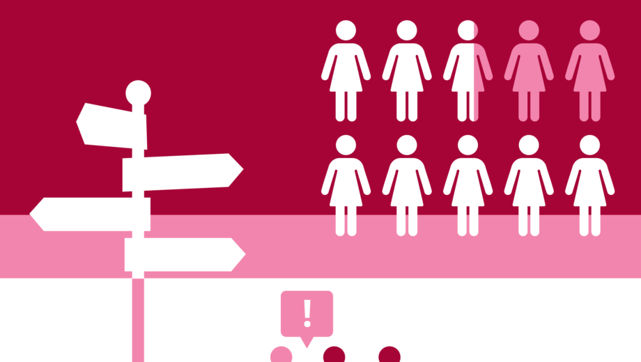 A red pink and white image showing a signpost, silhouettes of woman in white and pink and pink vs red people having a discussion