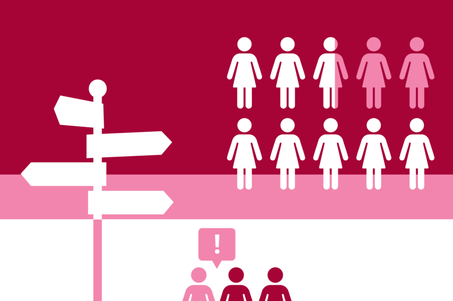 A red pink and white image showing a signpost, silhouettes of woman in white and pink and pink vs red people having a discussion