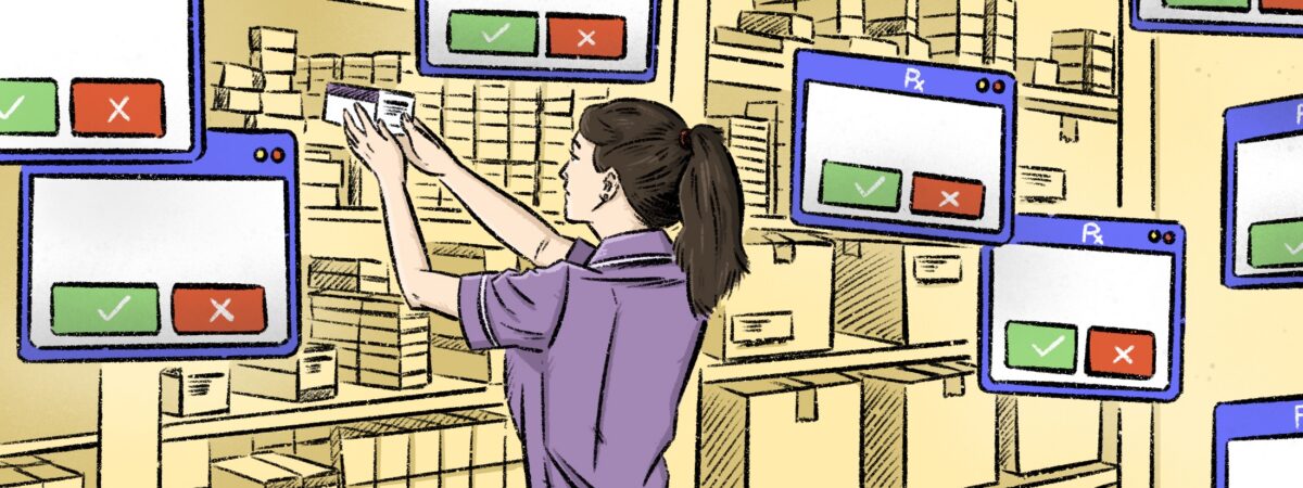 Female pharmacist looks at pill box within a pharmacy surrounded by pharmacy alert boxes floating in the art in blue and green and red
