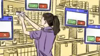 Female pharmacist looks at pill box within a pharmacy surrounded by pharmacy alert boxes floating in the art in blue and green and red