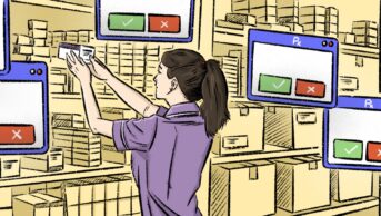 Female pharmacist looks at pill box within a pharmacy surrounded by pharmacy alert boxes floating in the art in blue and green and red