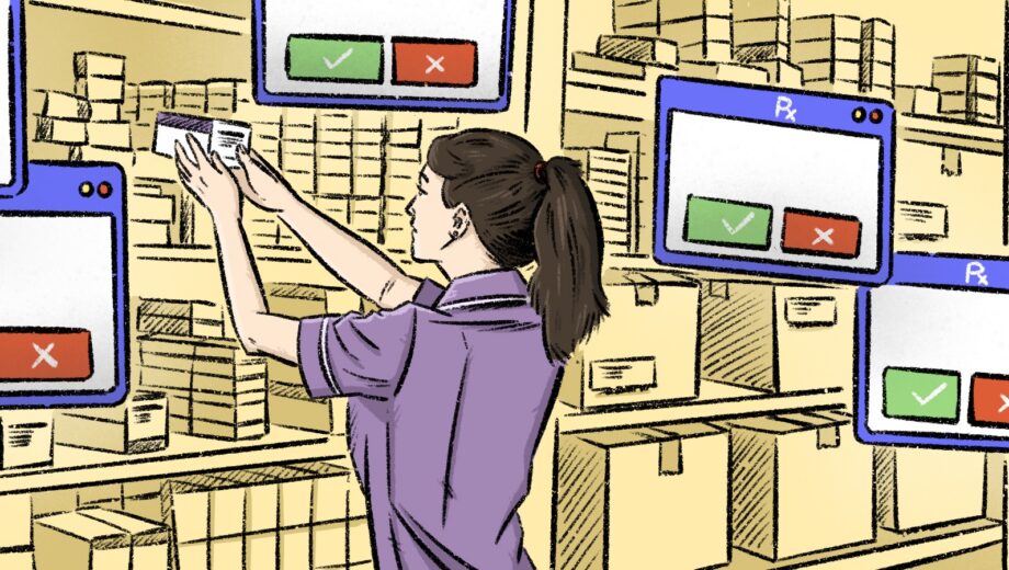 Female pharmacist looks at pill box within a pharmacy surrounded by pharmacy alert boxes floating in the art in blue and green and red