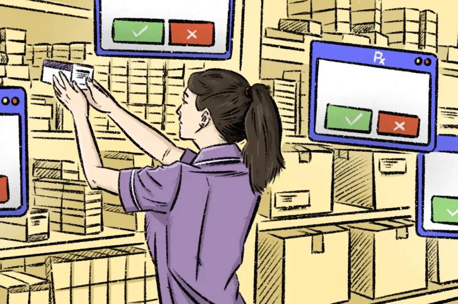 Female pharmacist looks at pill box within a pharmacy surrounded by pharmacy alert boxes floating in the art in blue and green and red