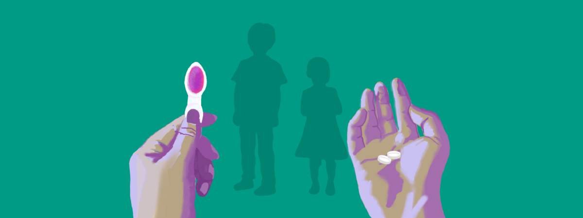 Teal background with two hands in foreground, one holding pink liquid in a small spoon and hand holding a white pill in the background are silhouettes of children