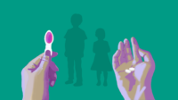 Teal background with two hands in foreground, one holding pink liquid in a small spoon and hand holding a white pill in the background are silhouettes of children