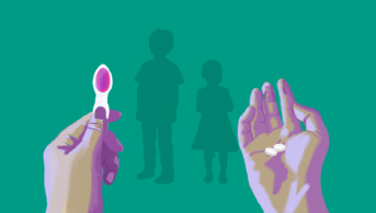 Teal background with two hands in foreground, one holding pink liquid in a small spoon and hand holding a white pill in the background are silhouettes of children
