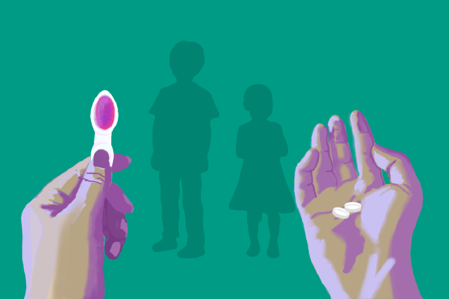 Teal background with two hands in foreground, one holding pink liquid in a small spoon and hand holding a white pill in the background are silhouettes of children