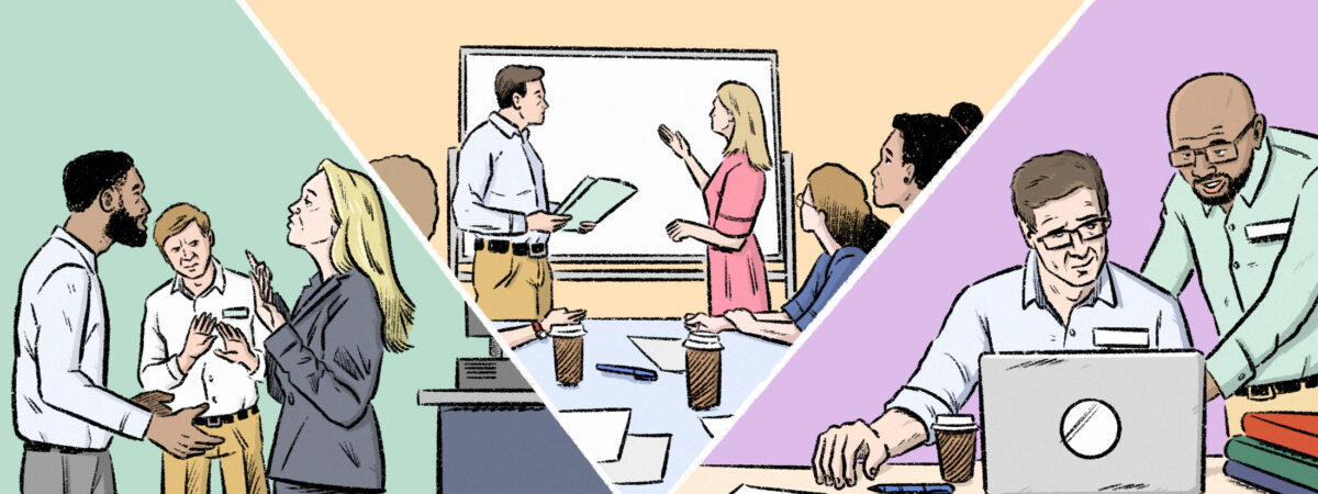 Triptych of scenes, showing one with a green background showing a reprimand situation, one in the middle with an orange background showing a seminar for learning, and finally one with a purple background showing two men working collaboratively