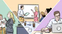 Triptych of scenes, showing one with a green background showing a reprimand situation, one in the middle with an orange background showing a seminar for learning, and finally one with a purple background showing two men working collaboratively