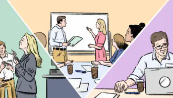 Triptych of scenes, showing one with a green background showing a reprimand situation, one in the middle with an orange background showing a seminar for learning, and finally one with a purple background showing two men working collaboratively