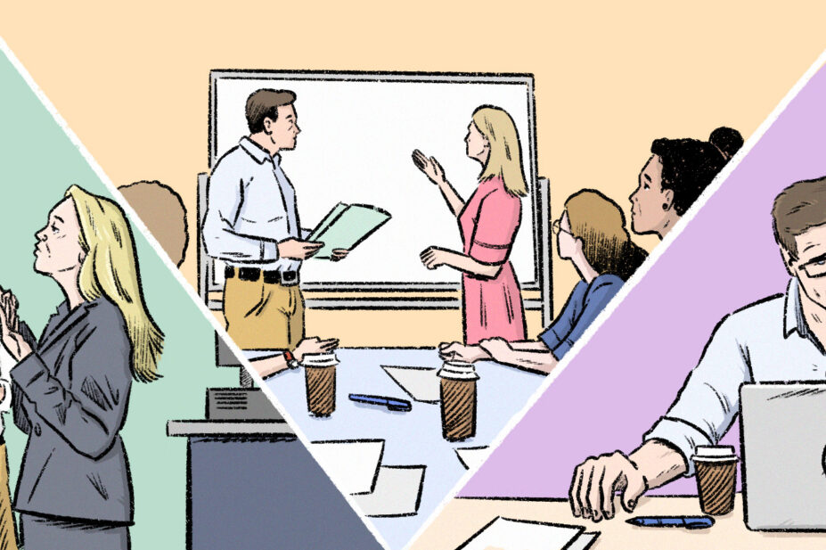 Triptych of scenes, showing one with a green background showing a reprimand situation, one in the middle with an orange background showing a seminar for learning, and finally one with a purple background showing two men working collaboratively