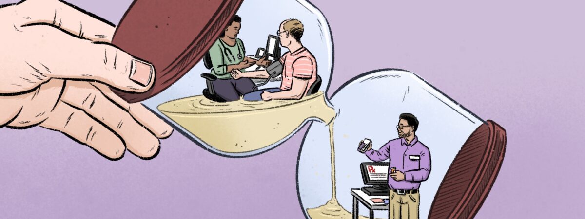 Light purple background, hand holding an hour glass with sand moving from one section to the other. A GP in the top section consults a patient about their blood pressure and in the bottom section a pharmacist assembles a prescription