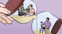 Light purple background, hand holding an hour glass with sand moving from one section to the other. A GP in the top section consults a patient about their blood pressure and in the bottom section a pharmacist assembles a prescription